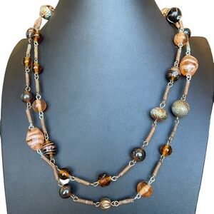 Artisan Hand Blown Glass Beaded Necklace Mixed Metals Copper Industrial 48”L